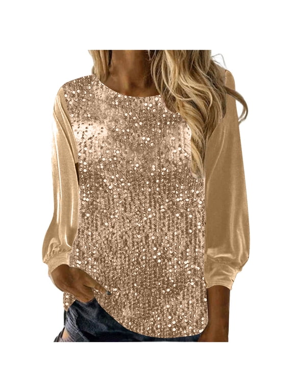 Tops for Women Dressy Casual Sequin Tops Sheer Long Sleeve Glitter Sparkly Party Blouse Velvet V-Neck Dressy Tops for Evening Party (Gold,M)