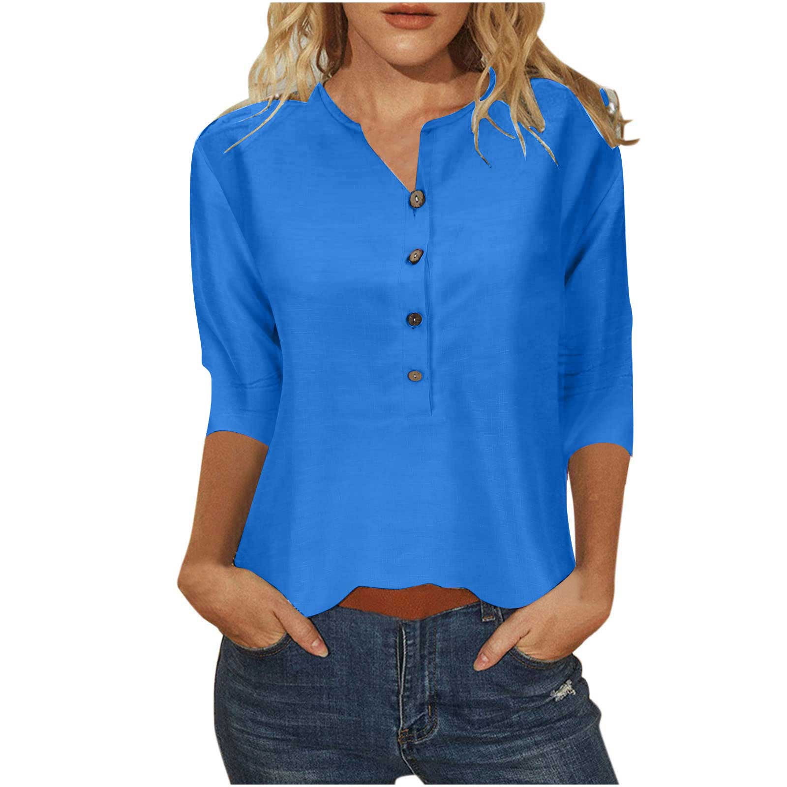 Scyoekwg Trendy 3/4 Sleeve Tops for Women Button VNeck Shirts Solid Color Casual Basic T Shirts