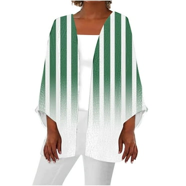 Scyoekwg Trendy Cardigans for Women 2024 3/4 Sleeve Casual Striped Printed Open Front Medium Length Sleeve Cardigan Lightweight Loose Cardigan(Green,XL)