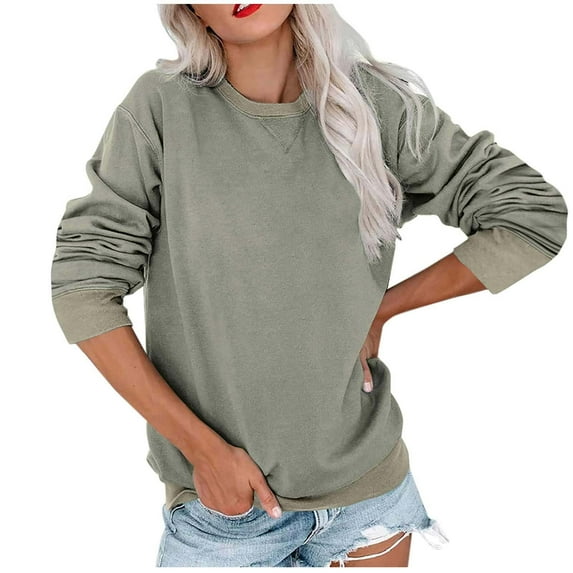 Scyoekwg Trendy Crewneck Sweatshirts Women Fall Loose Casual Long Sleeve Ladies Sweatshirt Solid Color Pullover Sweatshirts for Teen Girls(Army Green,XXL)