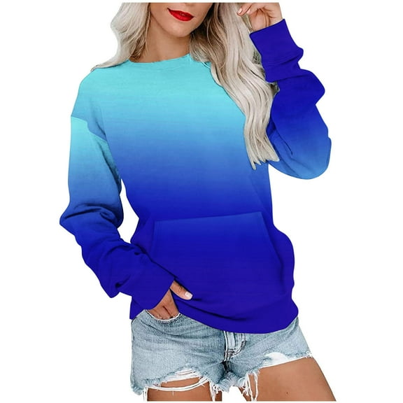 Scyoekwg Trendy Crewneck Sweatshirts Women Loose Ladies Sweatshirt with Pocket Long Sleeve Pullover Casual Gradient Color Fall Sweatshirt Pullover(Dark Blue,M)