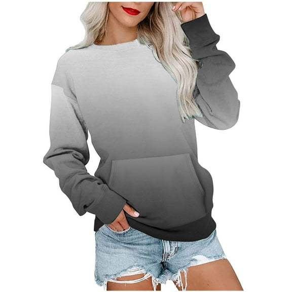 Scyoekwg Trendy Crewneck Sweatshirts Women Loose Ladies Sweatshirt with Pocket Long Sleeve Pullover Casual Gradient Color Fall Sweatshirt Pullover(Gray,M)
