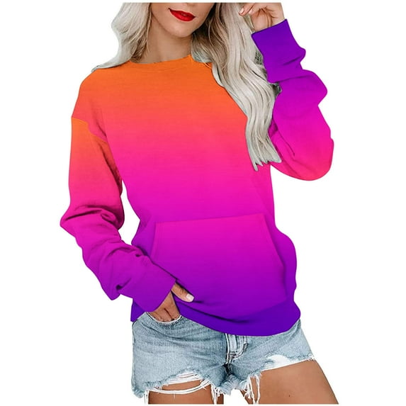 Scyoekwg Trendy Crewneck Sweatshirts Women Loose Ladies Sweatshirt with Pocket Long Sleeve Pullover Casual Gradient Color Fall Sweatshirt Pullover(Orange,M)