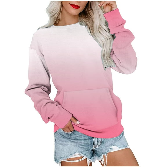 Scyoekwg Trendy Crewneck Sweatshirts Women Loose Ladies Sweatshirt with Pocket Long Sleeve Pullover Casual Gradient Color Fall Sweatshirt Pullover(Pink,XL)