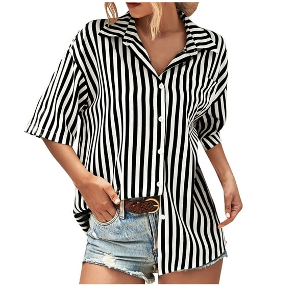 Scyoekwg Trendy Half Sleeve Tops for Women Button Lapel Shirts Loose Lightweight Blouses Summer Stripe Print Graphic Basic T Shirts Casual Blouses Black XL(10)