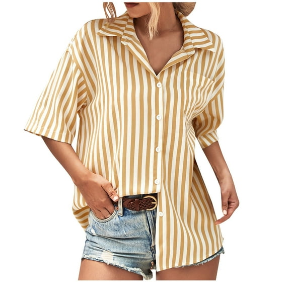 Scyoekwg Trendy Half Sleeve Tops for Women Button Lapel Shirts Loose Lightweight Blouses Summer Stripe Print Graphic Basic T Shirts Casual Blouses Beige XL(10)