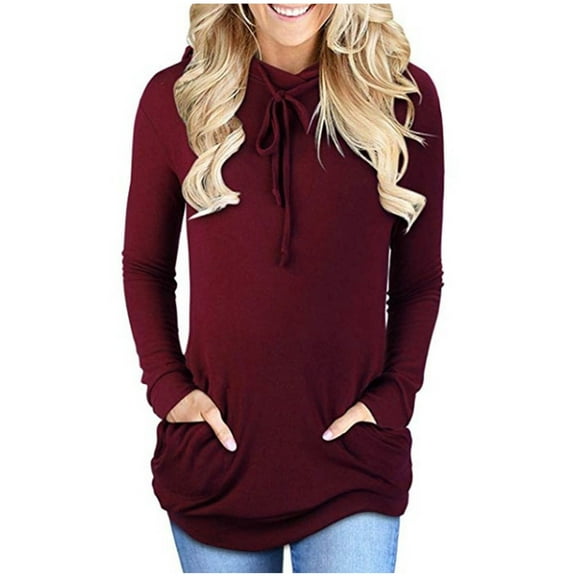 Scyoekwg Trendy Hoodies for Women Fall Sweatshirt Pullover Tops Dressy Casual Long Sleeve Solid Color Hoodies Loose Hooded Drawstring Pullover Tops with Pocket Sweatshirts(Wine,L)
