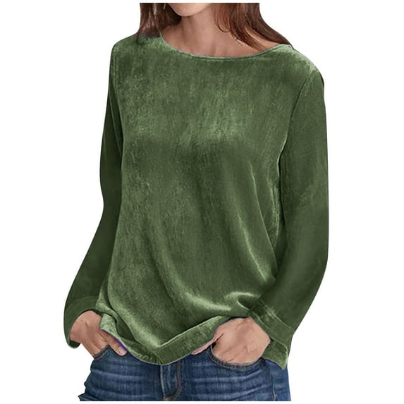 Scyoekwg Trendy Long Sleeve Shirts for Women Gold Velvet Round Neck Dressy Blouses Casual Solid Color Loose Soft Blouses (Army Green,M)