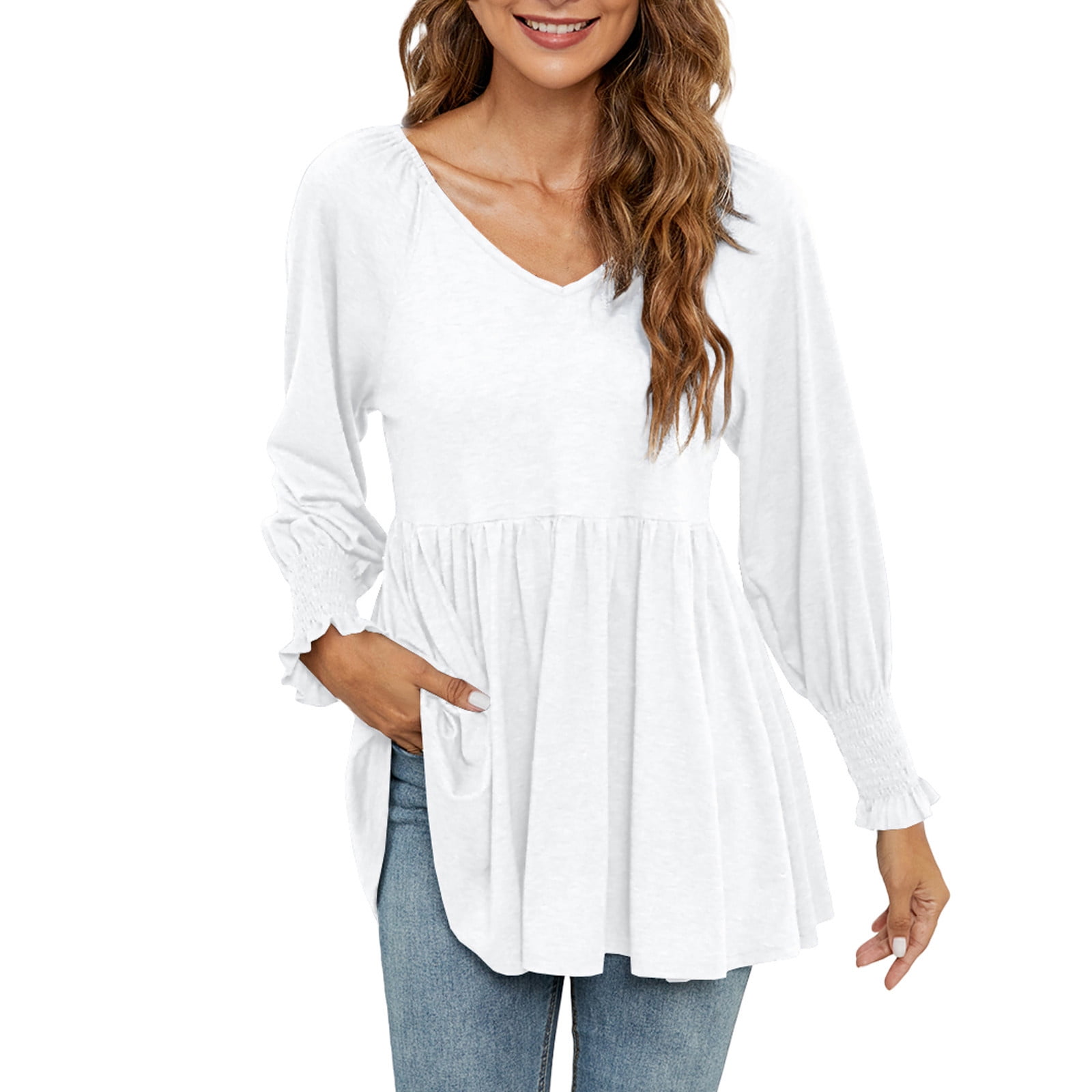 v neck puff long sleeve loose blouse