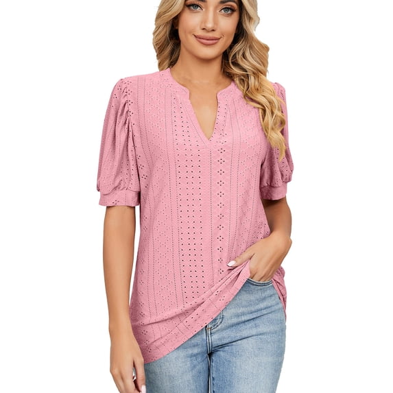 Scyoekwg Trendy Short Sleeve Summer Tops for Women Loose Fit Dressy Casual Comfortable V-Neck Eyelet Hollow Out Basic Tees Solid Color Blouse Shirt Hot Pink M(6)