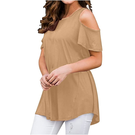 Scyoekwg Trendy Women’s T Shirts Casual Dressy Loose Lightweight Blouses Summer Short Sleeve Tops Solid Color Round Neck Cold Shoulder Tops Shirts Blouses Khaki XL(10)