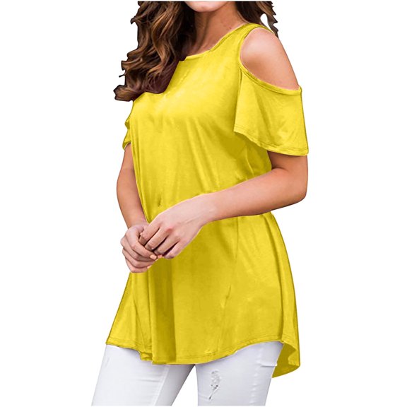 Scyoekwg Trendy Women’s T Shirts Casual Dressy Loose Lightweight Blouses Summer Short Sleeve Tops Solid Color Round Neck Cold Shoulder Tops Shirts Blouses Yellow XL(10)