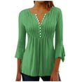 thumbnail image 1 of Scyoekwg Trendy Womens 3/4 Sleeve Tunic Tops Elegant V-Neck Button Three Quarter Sleeve Pleated T-shirt Classic Solid Color Comfy Shirts Blouses (#C=Green,XXL), 1 of 5