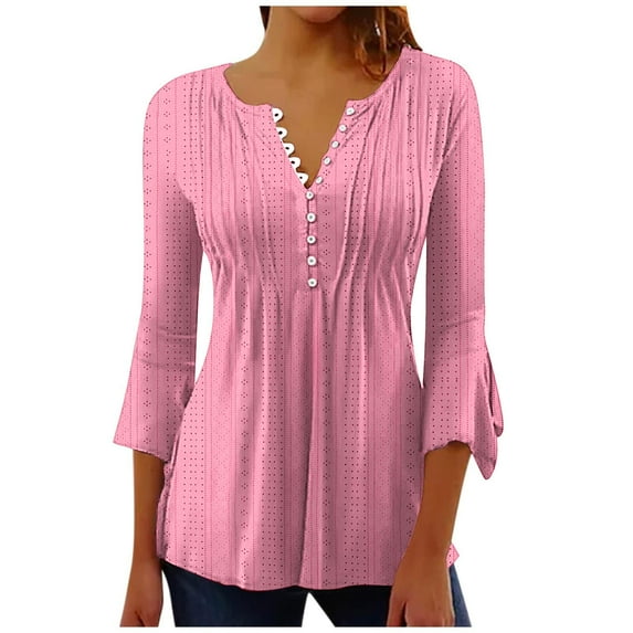 Scyoekwg Trendy Womens 3/4 Sleeve Tunic Tops Elegant V-Neck Button Three Quarter Sleeve Pleated T-shirt Classic Solid Color Comfy Shirts Blouses (#C=Hot Pink,XXL)