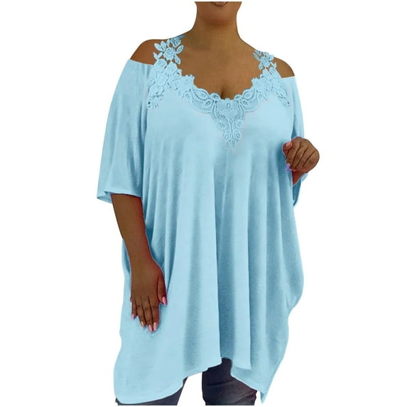 Scyoekwg Trendy Womens Tshirts Loose Fit Plus Size Round Neck Cold Shoulder Tops Shirts Casual Lightweight Blouses Summer Tops Solid Color Short Sleeve Tops Blouses Blue XXXXXXL(20)