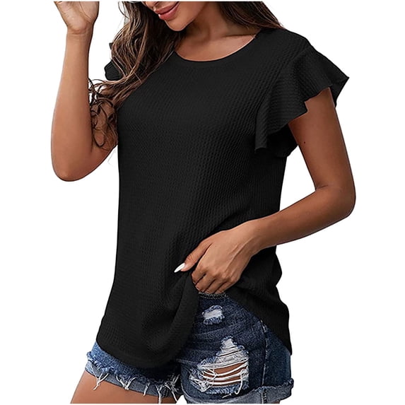 Scyoekwg Trendy Womens Tunic Tops Dressy Blouse Casual Short Sleeve Tshirt Loose Comfy Blouse Crewneck Ruffle Classic Solid Color Tunic Tops (Black,XXL)