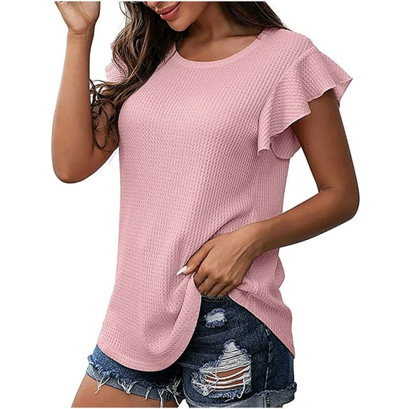 Scyoekwg Trendy Womens Tunic Tops Dressy Blouse Casual Short Sleeve Tshirt Loose Comfy Blouse Crewneck Ruffle Classic Solid Color Tunic Tops (Pink,XL)
