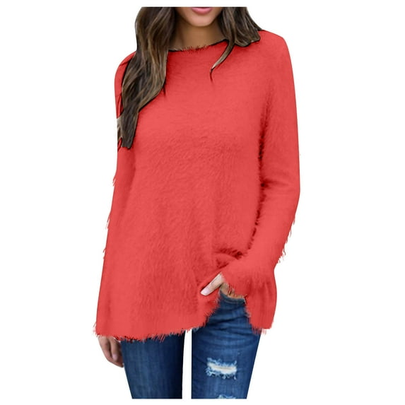 Scyoekwg Tshirts Shirts for Women Long Sleeve Tops Dressy Blouse Solid Color Lightweight Comfy Loose Round Neck Plush Tops Casual Blouse (Red,XL)