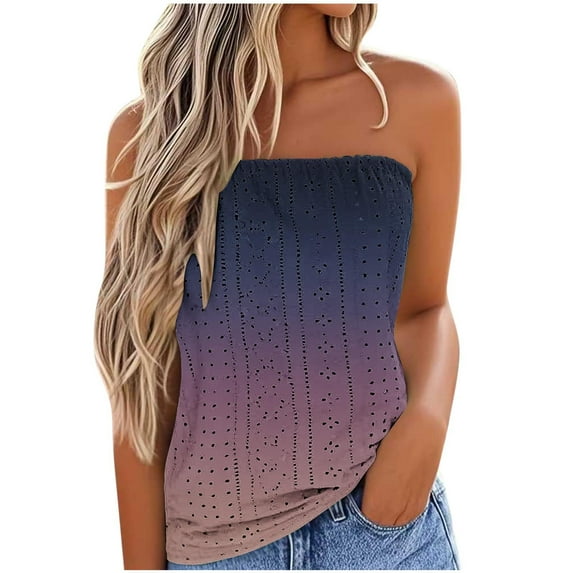 Scyoekwg Tube Tops for Women Summer Trendy Eyelet Bandeau Tank Top Casual Strapless Tops Off The Shoulder Sleeveless Tunic Shirts Blouses (Navy,XXL)