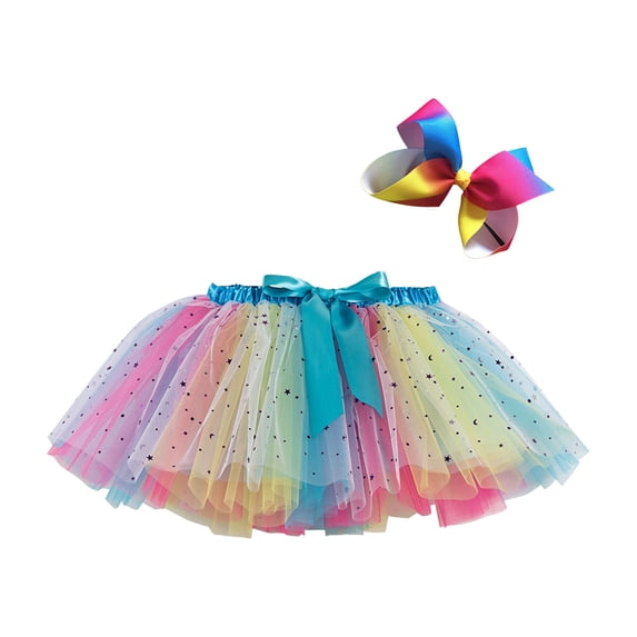 Scyoekwg Tulle Tutu Skirts for Toddler Girls Toddler Girls Cute Party Dance Costume Splice Rainbow Net Yarn Sequins Tulle Skirt Bow Hairpin Suit Blue 2-4 Years