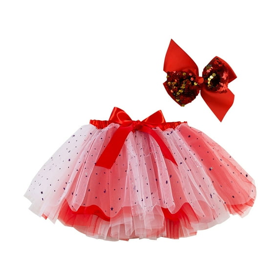 Scyoekwg Tulle Tutu Skirts for Toddler Girls Toddler Girls Cute Party Dance Costume Splice Rainbow Net Yarn Sequins Tulle Skirt Bow Hairpin Suit Red 9-11 Years