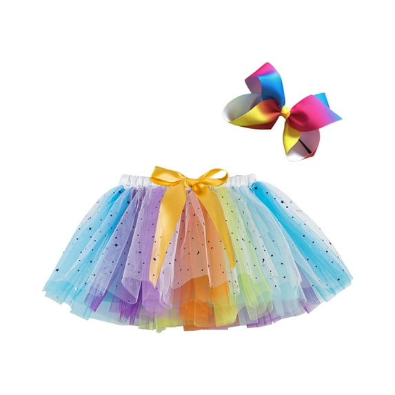 Scyoekwg Tulle Tutu Skirts for Toddler Girls Toddler Girls Cute Party Dance Costume Splice Rainbow Net Yarn Sequins Tulle Skirt Bow Hairpin Suit Yellow 9-11 Years