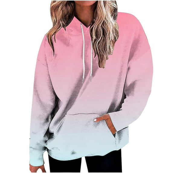 Scyoekwg Tunic Hoodies For Women Drawstring Hoodies Pullover Pocket Fall Loose Trendy Gradient Color Graphic Tops Y2k Clothes Dressy Casual (Pink,L)