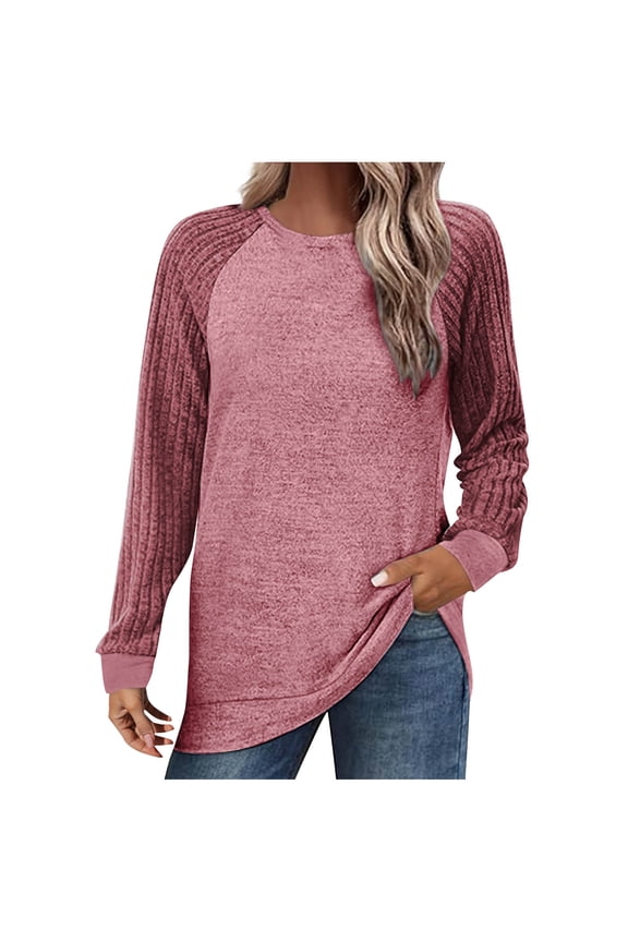 Tunic Tops for Women to Wear With Leggings Brushed Knit Tunic Sweatshirts Raglan Sleeve Crewneck Pullover Tops Color-blocked Casual Long Sleeve Blouse Pullover (Pink,L)