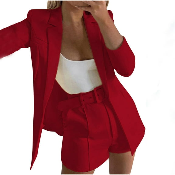 Scyoekwg Two Piece Blazer Outfits Women Business Office Work 2 Piece Sets Long Sleeve Coat Shorts 2 Casual Matching Outfits Fashion Lounge Set (Red,S)