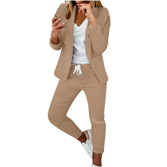 Scyoekwg Two Piece Blazer Outfits Women Business Office Work 2 Piece Sets Long Sleeve Coat Suit Pants Matching Outfits Casual Two Piece Set Fashion Outfits Sets (Khaki,XXL)