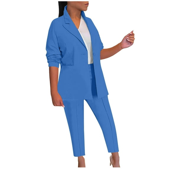 Scyoekwg Two Piece Blazer Outfits Women Business Office Work 2 Piece Sets Long Sleeve Tops Suit Pants 2 Casual Matching Outfits Fashion Two Piece Set Lounge Set (Blue,L)