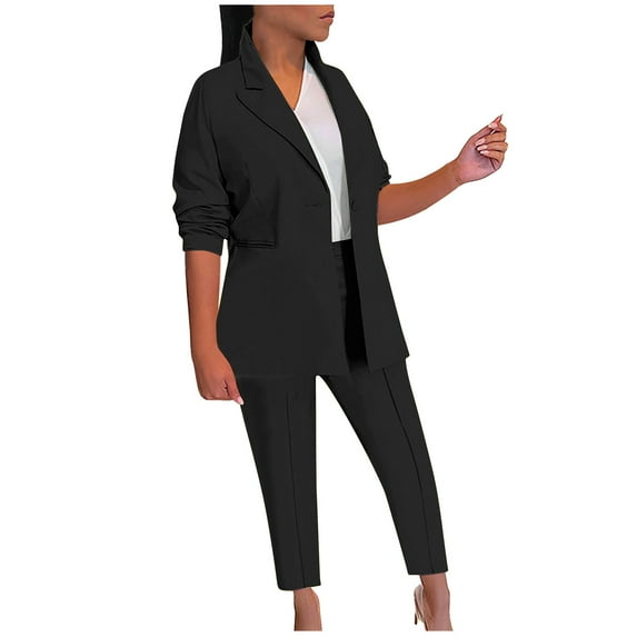 Scyoekwg Two Piece Blazer Outfits Women Business Office Work 2 Piece Sets Long Sleeve Tops Suit Pants 2 Casual Matching Outfits Fashion Two Piece Set Lounge Set (Black,M)