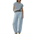 thumbnail image 1 of Scyoekwg Two Piece Outfits For Women Solid Color Short Sleeved Round Neck Top Casual Wide Legs Pants Set (Light Blue,S), 1 of 4
