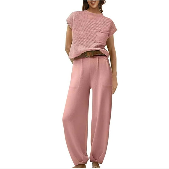 Scyoekwg Two Piece Outfits For Women Solid Color Short Sleeved Round Neck Top Casual Wide Legs Pants Set (Pink,M)