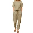 thumbnail image 1 of Scyoekwg Two Piece Outfits for Women Cotton Linen Lounge Sets Short Sleeve Round Neck Tops Long Pants Casual Loose Trendy Tracksuit Sweatsuits Sets Solid Color Outfits (Beige,M), 1 of 4