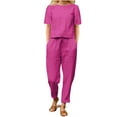 thumbnail image 1 of Scyoekwg Two Piece Outfits for Women Cotton Linen Lounge Sets Short Sleeve Round Neck Tops Long Pants Casual Loose Trendy Tracksuit Sweatsuits Sets Solid Color Outfits (Hot Pink,M), 1 of 4