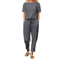 thumbnail image 1 of Scyoekwg Two Piece Outfits for Women Cotton Linen Lounge Sets Short Sleeve Round Neck Tops Long Pants Casual Loose Trendy Tracksuit Sweatsuits Sets Solid Color Outfits (Gray,M), 1 of 4