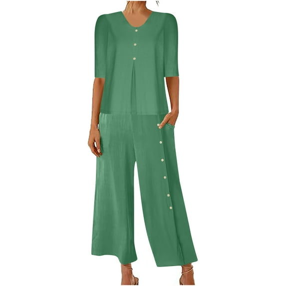 Scyoekwg Two Piece Outfits for Women Cotton Linen Short Sleeve V-Neck Tops Wide Leg Pants Trendy Casual Sweatsuits Sets Loose Solid Color Outfits (Green,L)