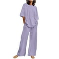 thumbnail image 1 of Scyoekwg Two Piece Outfits for Women Loose Solid Color Trendy Short Sleeve Round Neck Tops Wide Leg Pants Tracksuit Sweatsuits Sets Casual Matching Sets (Purple,L), 1 of 5