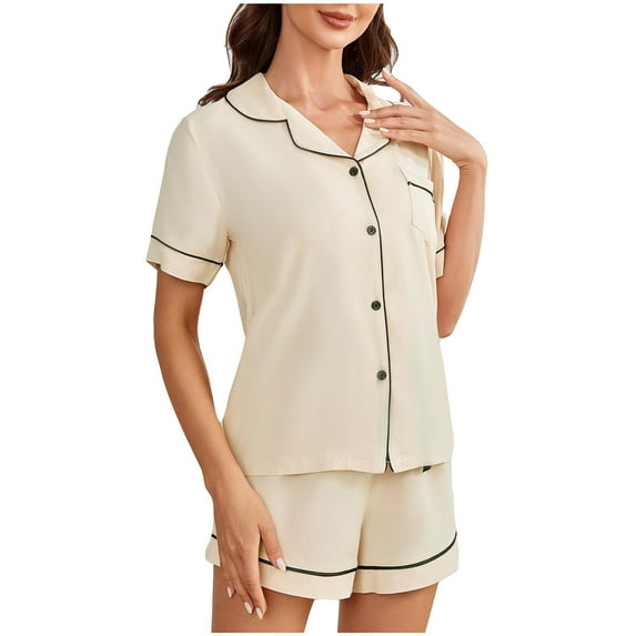 Scyoekwg Two Piece Outfits for Women Lounge Sets Loose Trendy Home Pajamas Sets Short Sleeve Lapel Button Tops Shorts Solid Color Casual Sweatsuits Sets (Beige,XL)