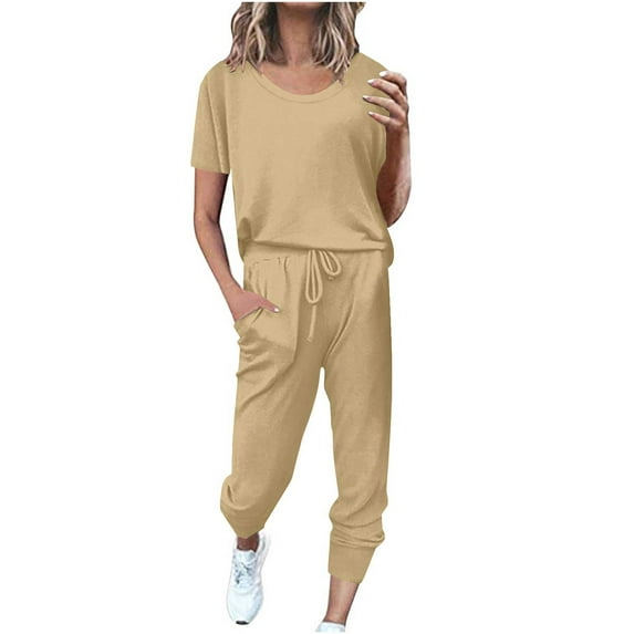 Scyoekwg Two Piece Outfits for Women Short Sleeve Round Neck Drawstring Tops Jogger Pants Casual Trendy Tracksuit Loose Sweatsuits Sets Solid Color Outfits (Beige,S)