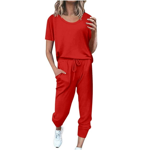 Scyoekwg Two Piece Outfits for Women Short Sleeve Round Neck Drawstring Tops Jogger Pants Casual Trendy Tracksuit Loose Sweatsuits Sets Solid Color Outfits (Red,M)