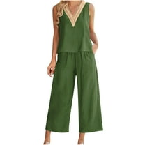 Scyoekwg Two Piece Outfits for Women Sleeveless Round Neck Crochet Lace Trim Tops Wide Leg Pants Solid Color Trendy Cotton Linen Casual Sweatsuits Sets Loose Outfits (Army Green,M)