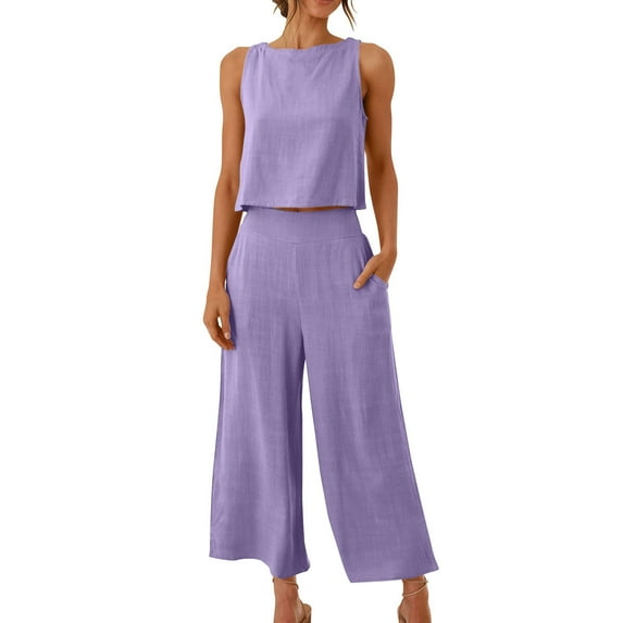 Scyoekwg Two Piece Outfits for Women Solid Color Cotton Linen Outfit Casual Summer Trendy Round Neck Sleeveless Vest Tops and Wide Leg Trousers Lounge Sets with Pockets Matching Outfits Purple S