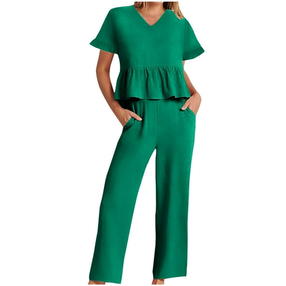 Scyoekwg Two Piece Outfits for Women Summer Short Sleeve V-Neck Tops Wide Leg Pants Trendy Cotton Linen Solid Color Casual Sweatsuits Sets Loose Outfits (Green,L)