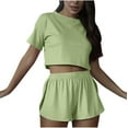thumbnail image 1 of Scyoekwg Two Piece Outfits for Women Summer Solid Color Trendy Short Sleeve Round Neck Tops Shorts Tracksuit Casual Sweatsuits Sets Loose Matching Sets (Green,XL), 1 of 7