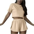 thumbnail image 1 of Scyoekwg Two Piece Outfits for Women Summer Solid Color Trendy Short Sleeve Round Neck Tops Shorts Tracksuit Casual Sweatsuits Sets Loose Matching Sets (Khaki,L), 1 of 7