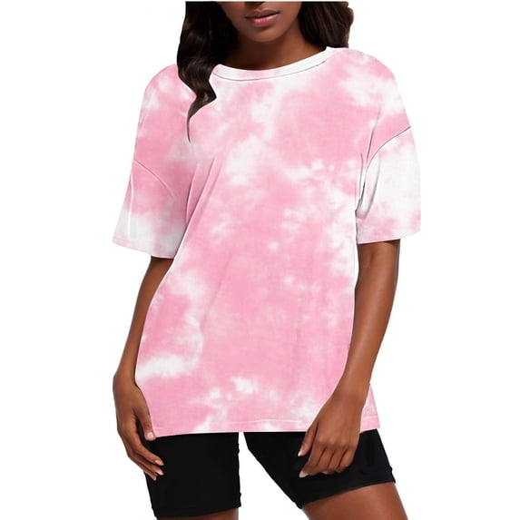 Scyoekwg Two Piece Outfits for Women Summer Tie Dyed Casual Sweatsuits Sets Loose Trendy Tracksuit Short Sleeve Round Neck Tops Shorts Matching Set Women (Pink,XL)