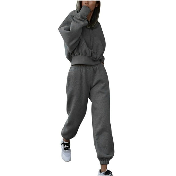 Scyoekwg Two Piece Outfits Women Sweatsuit Fall Outfits Long Sleeve Hooded Sweatshirt Jogger Sweatpant Matching Outfits Two Piece Set Fashion Casual Outfits Sets (Gray,S)