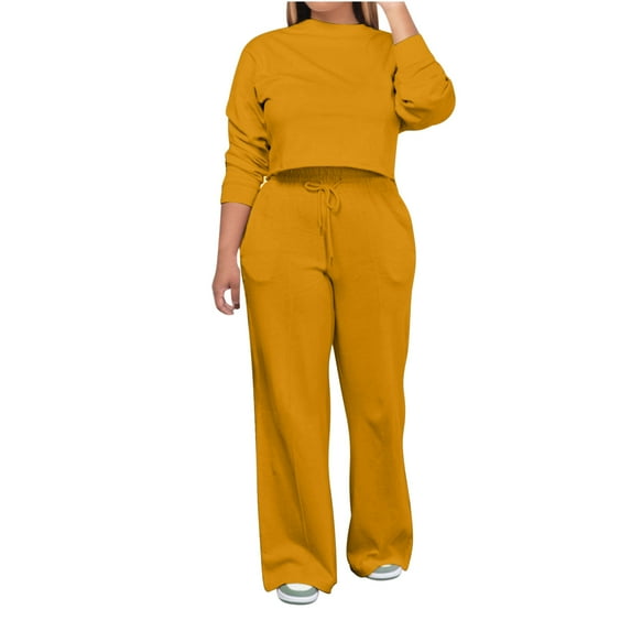 Scyoekwg Two Piece Outfits Women Sweatsuit Fall Outfits Long Sleeve Sweatshirt Jogger Sweatpant Casual Matching Outfits Fashion Outfits Sets (Yellow,XL)